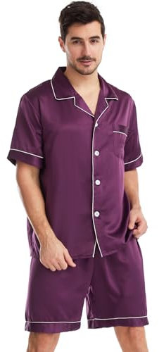 Nanxson Pigiama da Uomo in Raso Manica Corta Due Pezzi Pigiama Estate Morbido Loungewear Bottoni Pigiami (L,Viola Scuro)