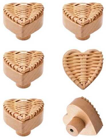 MOROBOR Boho-Rattan-Kommodenknäufe, herzförmig, handgefertigt, geflochtene Weidengeflecht, Schubladenknöpfe Türgriffe mit Schrauben für Schränke, Kleiderschrank, Schublade, Holzfarben, 6 Stück