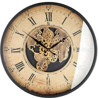 GILDE Wanduhr - Metall - Rund - Ø 60cm - Weltkarten- und Zahnrädermotiv - Creme Kupferfarben - Batterien in der Lieferung Nicht enthalten