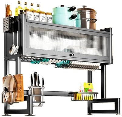 lirrebol Escurridor de Platos de 2 Niveles sobre el Fregadero con Cubierta, escurridor de Platos Grande sobre el Fregadero, Secado eficaz de Platos, escurridor de Cocina con Soporte para Utensilios