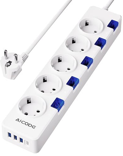 AICODE Steckdosenleiste 5-Fach mit Überspannungsschutz (3680W/1050J) - Einzeln schaltbare Steckdosen, 4 USB-Ports (1x USB-C), 3M Verlängerungskabel mit Kindersicherung & Weiß