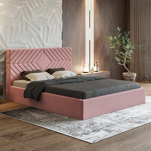 MOTIVENA Eva Polsterbett 160x200 Rosa, Polsterbett 160x200 Samt, Polsterbett 160x200 mit Bettkasten, Polsterbett 160x200 mit Stauraum, mit Lattenrost, mit Kopfteil, ohne Matratze, Pink