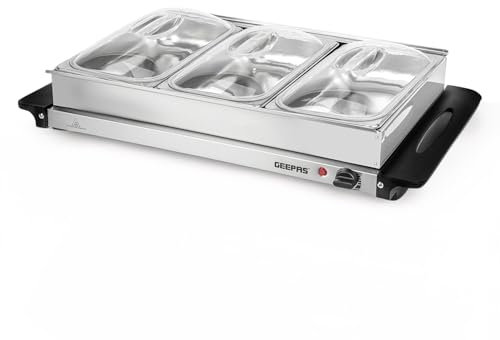 GEEPAS 300W Electric Food Warmer Buffet Server for Table – 3 x 2.4 Litre Stainless Steel Buffet Trays with Lids – Variable Temperature Control & Plate Warmer Function Cool-Touch Handles Chafing Dishes