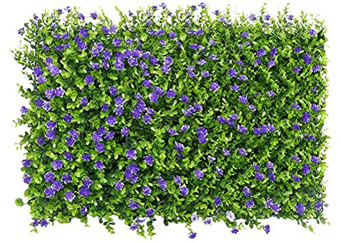 Ejoyous Künstliche Pflanzenwand Buchsbaumplatten Wand-Sichtschutz Künstlicher Hecken-Grünzaun mit Blumen Pflanzenmatten für Garten, Hofdekoration 40 x 60 cm (Lila Gürtelblume Eukaly)
