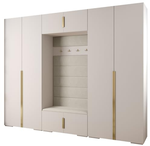 MEBLE KRYSPOL Inova 1 Möbelset - Moderne Garderobe - für Schlafzimmer, Wohnzimmer, Flur, Kinderzimmer - Ankleidemöbel - 236,7x300x47cm - Weiß, Paneele Manila 02, Handgriff Gold