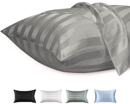 Lirex 2er Set Satin Kissenbezug 40x80cm mit Reißverschluss, Weich wie Seiden Kissenbezüge, Satin Kopfkissenbezug Kissenhülle für Haar und Haut Kommt, Hellgrau Streifen