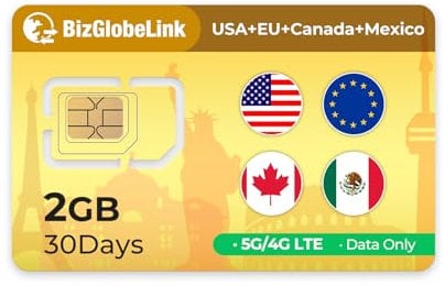 EIOTCLUB Carte SIM de Voyage Globale, 2 Go de données, 30 Jours, pour 33 Pays en Europe, USA, Canada, Mexique, Rechargeable, sans numéro de téléphone, Plug-and-Play