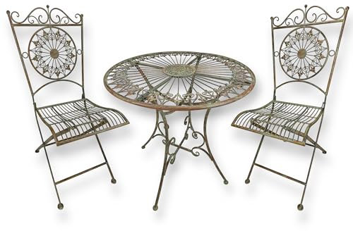 Crispe home & garden Valencia Gartenmöbel Set | Vintage Metallmöbel wetterfest | Tisch Ø 70 cm & 2 Stühle | Balkonmöbel Set | Antik Grün | Nostalgischer Look Outdoor