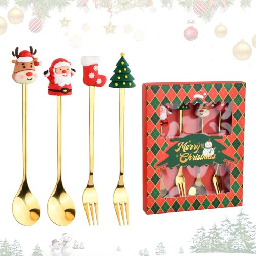 Volumoon Cucharas y Tenedores de Navidad, Juego de 4 Cubiertos de Navidad, Cuchara de Café de Acero Inoxidable, Cucharas de Café Navideñas, con Caja de Embalaje de Regalo (Estilo Navideño-1)