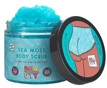 Mallows Beauty - Sea Moss Body Scrub, 200g - Exfoliating Dead Sea & Epsom Salt Scrub with Sweet Almond, Pumpkin & Primrose Oils - For Smooth, Hydrated Skin - Targets KP & Strawberry Legs