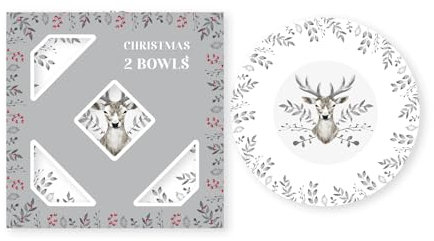 RSW Set of 2 Porcelain Christmas Bowls - White with Stag Design - 8” - Perfect for Christmas Dinner