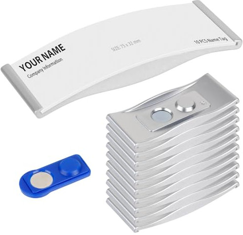 Dadabig 10 Stück Namensschilder für Kleidung, 7.8 * 3.2cm Transparent ID Namensschilder Gebogenes Design Silber Magnet Schilder Karten Halter