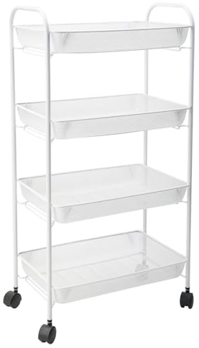 Alex Nash 4-Tier Mesh Storage Trolley with Wheels - Kitchen, Bathroom & Office Rolling Utility Cart - Multifunctional Metal Storage Unit Organiser for Fruit, Veg, Books & Cosmetics - White