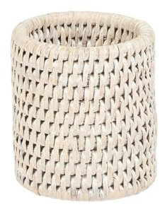 Dibor Premium Rattan Pen Pot Desk Tidy Glazed Ketak Rattan Home Office Table Stationery Organiser (White)