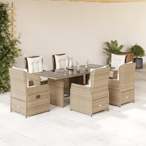IKAYAA Rattan Essgruppe für 6 Personen,Gartenmöbel Essgruppe mit Tisch Glas und 6 Verstellbare Hochlehner Stühlen, Garten Sitzgruppe inkl. Sitzkissen Beige und Creme