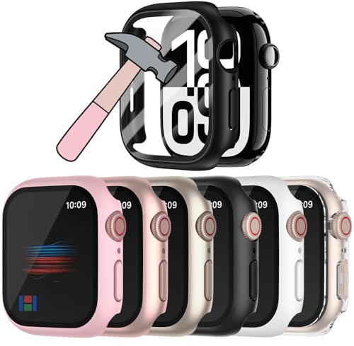 HANKN 6 Piezas Duro para Apple Watch Series 10 11 42mm Protector Pantalla Vidrio Templado Funda, Cobertura Completa Resistente Arañazos Estuche (Rosa+Oro Rosa+Estrella+Negro+Blanco+Transparente)