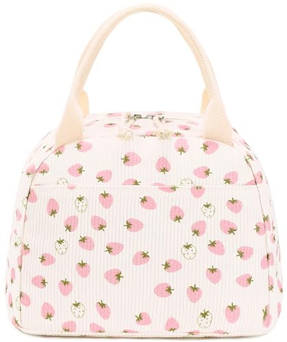 LEDAOU caja de almuerzo aislada mujeres reutilizable bolsa de almuerzo pana almuerzo bolsas a prueba de fugas refrigerador térmico almuerzo caso gran capacidad (fresas blancas-rosas)