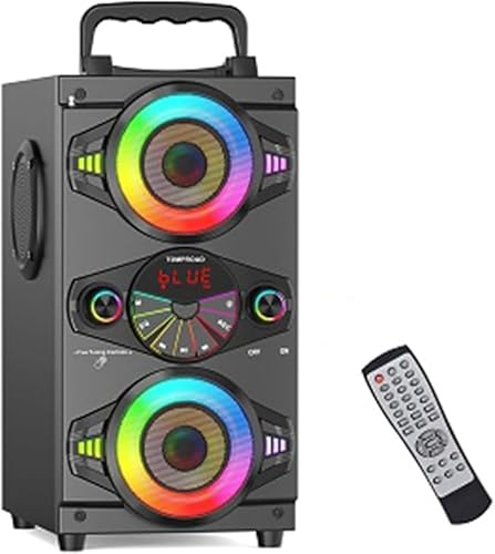 Altavoces Bluetooth portátiles de 60 W, gran potencia, inalámbricos, sonido estéreo de graves potentes, Boombox para fiestas en casa, altavoz con subwoofer, radio FM y luces LED de colores. (Negro)