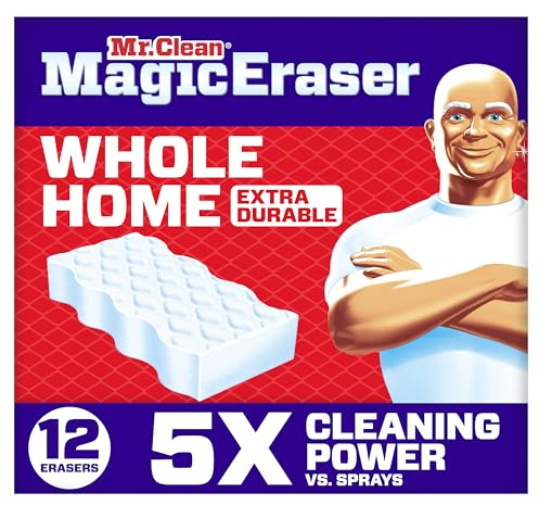 Mr. Clean Magic Eraser Sponge, All Purpose Cleaner, Cleaning Scrubber, Wall, Sneaker, Kitchen, Bathroom, Shower Cleaning Supplies, Melamine Sponge, Cleaning Pads, Whole Home Extra Durable, 12ct