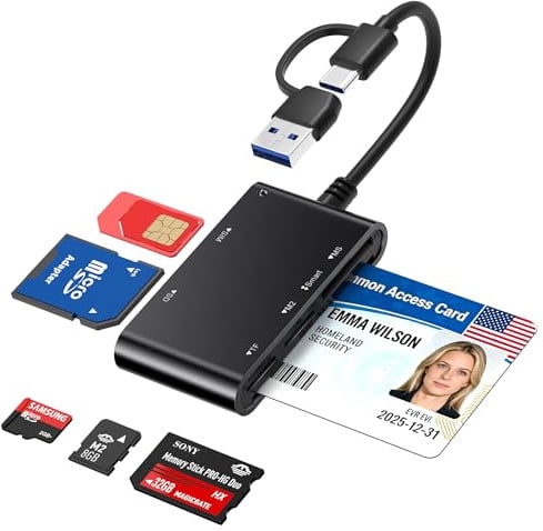 Lecteur de carte à puce 7 en 1 avec USB-C et USB-A, lecteur de carte CAC et PIV, adaptateur de carte SIM, lecteur de carte mémoire SD/TF/Memory Stick Pro Duo/M2/MMC pour Windows, Mac