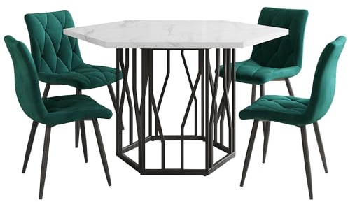 Cenbunsh Esstisch- und Stuhlset (5-teiliges Set), moderner sechseckiger Marmor-Esstisch + 4 Esszimmerstühle aus grünem Samt, um EIN warmes und modernes Restaurant zu schaffen