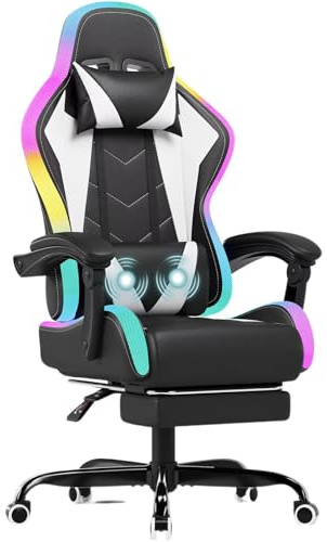 JUMMICO LED Gaming Chair with Massage Lumbar Support & Footrest, Ergonomic Reclining Gamer Chair for Adults, High Back PU Leather PC Chair with RGB Lights, White