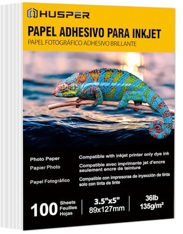 HUSPER Papel fotográfico autoadhesivo de 3.5 x 5 pulgadas, papel adhesivo brillante para impresora de inyección de tinta, 100 hojas, 135 g/m², tinta de tinte de 36 libras solamente