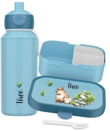 Mepal Set Brotzeitdose & Trinkflasche personalisiert, Brotdose Kinder mit Fächern, Lunch Box & Wasserflasche mit Name, auslaufsicheres Bento Box Set mit buntem Aufdruck Capybara (blau)
