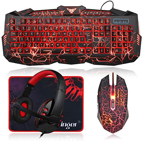 BlueFinger Ensemble clavier et souris de jeu, rétroéclairé par USB, 114 touches, lettres lumineuses, clavier LED rouge, casque pour ordinateur portable, PC, travail et jeu