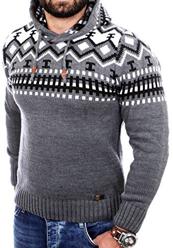 Reslad Norweger Pullover Herren Winterpullover Kapuzenpullover | Strickpullover für Männer RS-3013 (3XL, Anthrazit)