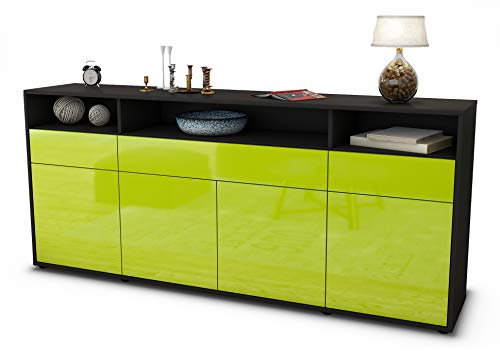 Stil.Zeit Sideboard Ezia, Korpus anthrazit matt, Front Hochglanz Limettengrün (180x79x35cm) Push-to-Open Technik & Leichtlaufschienen