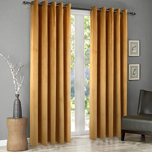 Singinglory Velvet Curtains Pencil Pleat Blackout Curtains 2 Panels with 2 Tiebacks Thermal Eyelet Curtain for Bedroom & Living Room Yellow 90x90