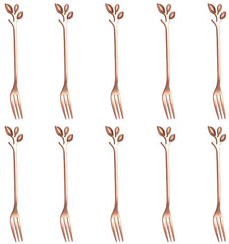 AnSaw 10-Piece Rose Gold Mini Leaf Dessert Forks Set - 4.7 Elegant Stainless Steel Fruit, Appetizer, Cake & Salad Forks - Perfect for Cocktail Parties & Home Use