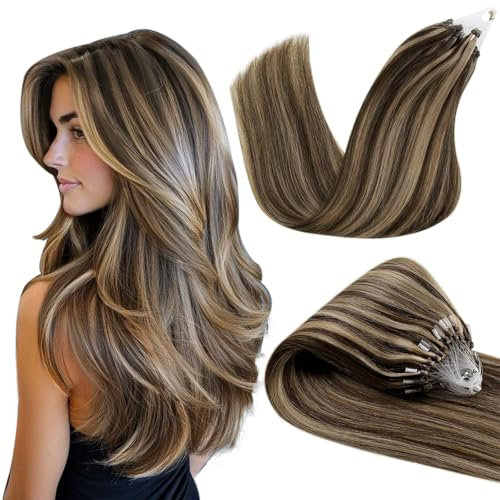Hetto Micro Ring Hair Extensions Brown Human Hair Mirco Beads Extensions Remy Hair Invisible Micro Loop Hair Extensions Straight #4/27 50s 40g 12 Inch