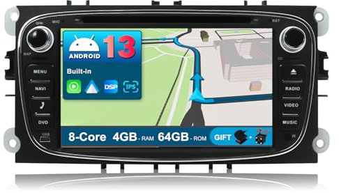 JOYX 2 Din Autoradio Android 14 Passt für Ford Focus/Mondeo/S-Max/C-Max/Galaxy - [4G+64G] - Eingebaut DSP+Carplay+Android Auto - LED Kamera Canbus KOSTENLOS - Lenkradsteuerung 4G WiFi DAB Bluetooth5.0