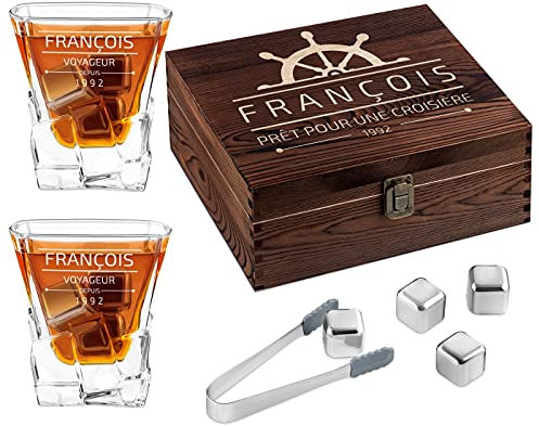 Maverton 8 Pierres à Refroidissement & 2 Verres Gravés 250 ML dans la Boîte Personnalisée en Bois - Cadeau Homme - Cadeau Anniversaire Homme - Cadeau Personnalisé pour Connaisseurs - Croisière