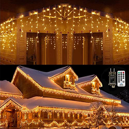 Qedertek Eisregen Lichterkette Außen 10.8M 432 LED Warmweiß Lichtervorhang Weihnachtsbeleuchtung mit Fernbedienung, Timer, 8 Modi, Wasserdicht Eiszapfen für Balkon Geländer Weihnachtsdeko