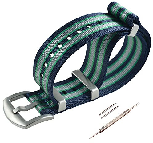 MZBUTIQ 20mm Dunkelblau/Grün/Grau Uhrenarmband Sicherheitsgurt Nylon Watch Armband für Herren Damen Gebürstete Schnalle