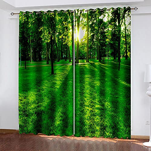 DRFQSK Vorhang Blickdicht Vorhänge Verdunkelungsvorhang Gardinen Mit Ösen Wohnzimmer Schlafzimmer Thermovorhang 3D Foto Vom Grünen Wald Muster Ösenschal 2Er Set Fensterdekoration 160 X 70 cm(H X B)
