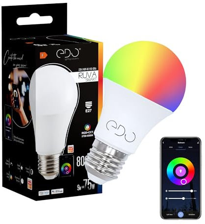 EDO RUVA Bombilla Inteligente LED E27 10 Watt RGB CCT Multicolor Inteligente WiFi Control Remoto App TUYA Compatible con Alexa 806 Lumen 2700-6500K Ahorro Energético Regulable 1 unidad