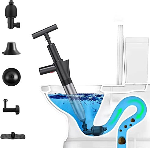 SRHIMEOS WC Plunger, Edelstahl Toilette Pömpel mit 4 Austauschbaren Köpfen Und Visuellem Barometer für Badezimmer Badewanne/Bodenablauf/verstopftes Rohr (schwarz)