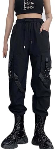 MEINVQIAOTI Street Hip Hop Trend Combat Pants Damen Hohe Taille Lose Damen Schwarz Cargohose, Schwarz, M