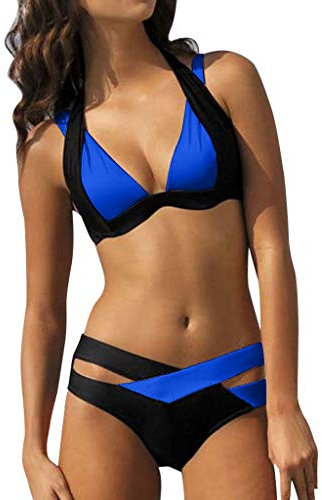 Bikini Damen Push Up Zweiteilige häkeln Spitze V-Ausschnitt Bikini Set Badeanzug für Frauen Triangel Oberteil Bikinihose Sexy Halter