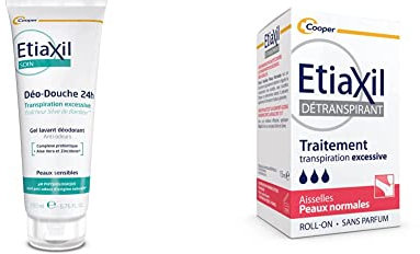 ETIAXIL - Déo-Douche - Gel Douche Transpiration Excessive - Corps - Peaux sensibles - 200 ml & Détranspirant - Traitement Transpiration Excessive - Aisselles - Peaux Normales - 15 ml