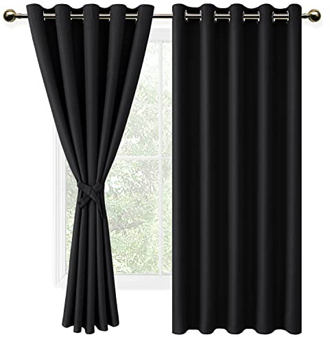 DWCN Gardinen Blickdichte Vorhänge Schlafzimmer Ösen Thermo Verdunklungsvorhänge mit Ösen Blickdichte Gardinen Schlafzimmer 2 Stücke, Schwarz, 137x167cm(HxB)