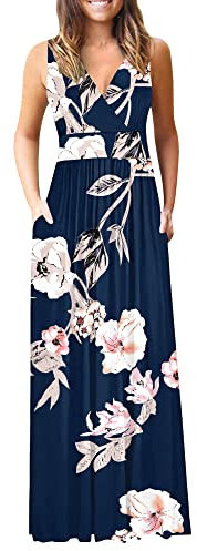 AUSELILY Maxikleid Damen Sommer Ärmellos Kleid Lang Elegant tiefem V-Ausschnitt Abendkleid mit Taschen Neues Blumenblau L