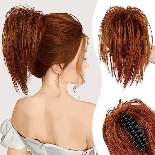 Colorfulpanda 26cm Pferdeschwanz mit Klammer Glatt Kurz Clip in Claw Haargummi Haarteil Ponytail Natürliches Kunsthaar Haar Haarverlängerunge Unordentlich Dutt kupferrot für Damen Mädchen