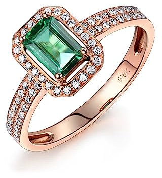 Vorsteckring Gold 750, Damenringe 18 Karat Roségold Smaragd 0.75ct Rechteckiger Runder Smaragd Diamant Schmuck Größe 63 (20.1)