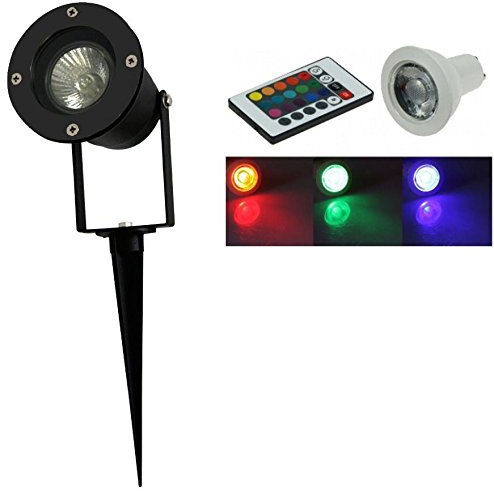 Lichtidee Led RGB Gartenstrahler Spot Erdspieß schwarz GU10 230Volt mit auswechselbarer farbwechsel RGB Led GU10 max 35W Pflanzen Beleuchtung Außen und Innen