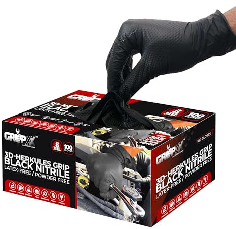 GRIPXX Herkules Grip 8mm Black Nitrile Gloves, 3D Embossed Diamond Texture, Latex & Powder Free, Industrial, Mechanical (100, XL)